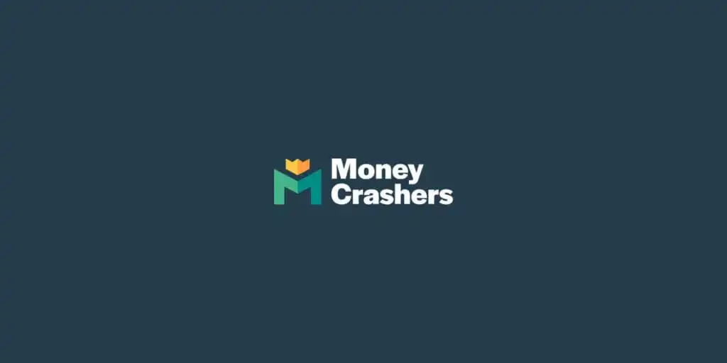 Logo for “Money Crashers” on a dark blue background, featuring a stylized green “M” with a gold crown above it, and the text “Money Crashers” in white to the right of the logo.