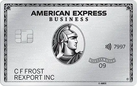 A silver American Express Business credit card featuring a centurion profile, an embedded chip, contactless symbol, and the name C F Frost with Rexport Inc printed below.