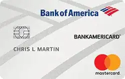 A Bank of America BankAmericard Mastercard credit card with the name Chris L Martin, a chip, and the Mastercard logo on a light gray background with a subtle pattern.