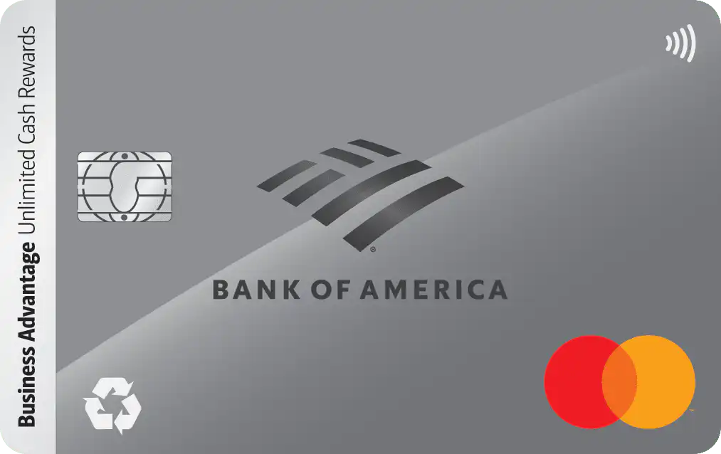 A gray Bank of America credit card with the Mastercard logo, chip, contactless symbol, and the text Business Advantage Unlimited Cash Rewards on the left edge.