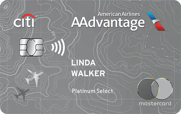 A credit card with a gray topographic map background, Citi and American Airlines AAdvantage logos, Mastercard logo, and the name Linda Walker with Platinum Select printed on it. Airplane icons are also shown.