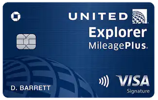 A blue United Explorer MileagePlus Visa Signature credit card with a chip and contactless symbol, issued by Chase, displaying the cardholder name D. Barrett.