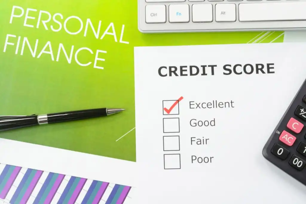 A pen, a keyboard, and a calculator rest near documents labeled Personal Finance and Credit Score, with a checked box for Excellent on the credit score sheet.