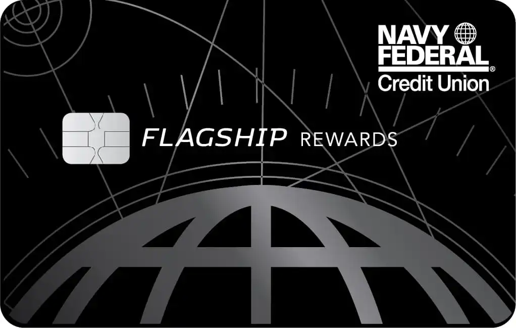 A Navy Federal Credit Union Flagship Rewards credit card featuring a black background with silver globe and compass designs, card chip, and the Navy Federal logo in the top right corner.