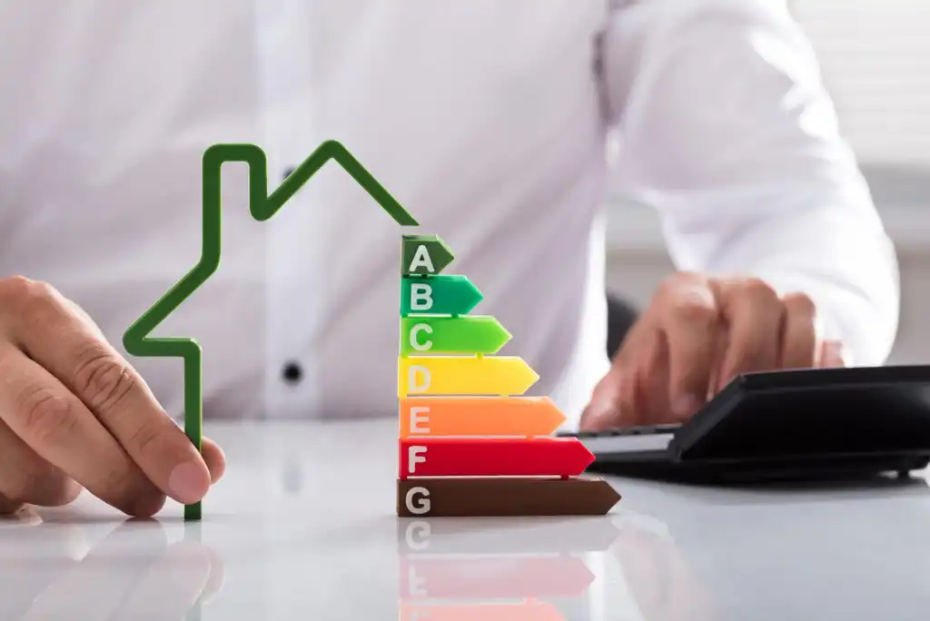 A person in a white shirt uses a calculator beside a model of a house and color-coded energy efficiency rating bars labeled A to G, with A in green and G in red.