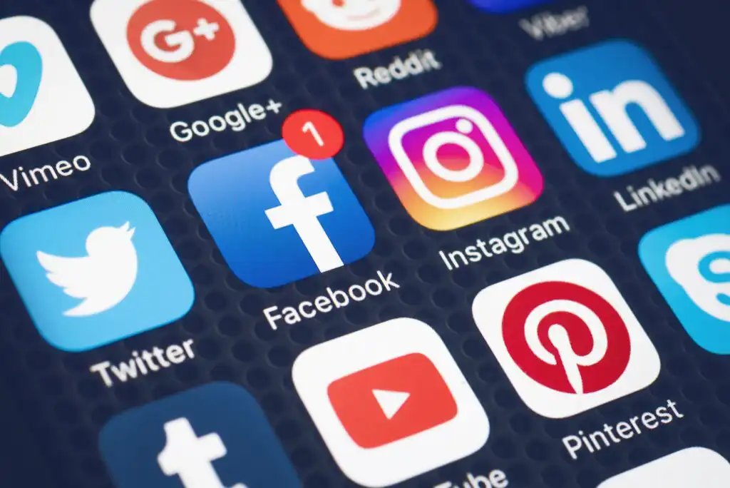 Close-up of a smartphone screen displaying various social media app icons, including Facebook with a notification, Instagram, Twitter, Pinterest, YouTube, Google+, Reddit, LinkedIn, and Vimeo.