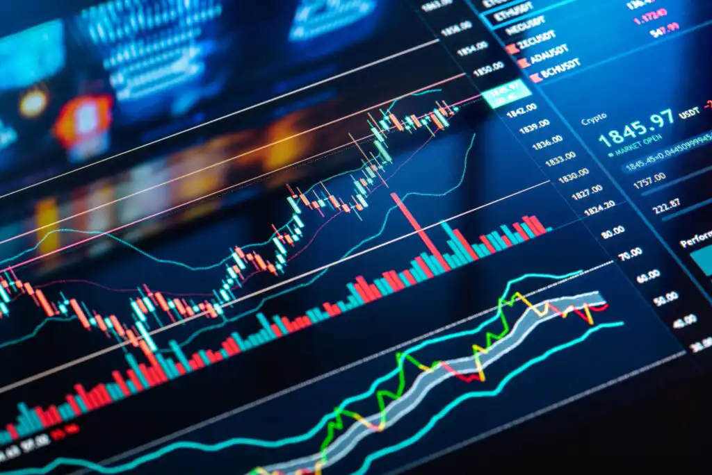 A close-up of a digital trading screen displaying various colorful charts, graphs, and candlestick patterns representing financial market data and stock prices.