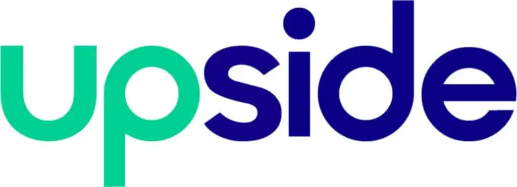 The image shows the word upside in a bold, modern font. The letters u and p are teal, while side is dark blue, all in lowercase on a white background.